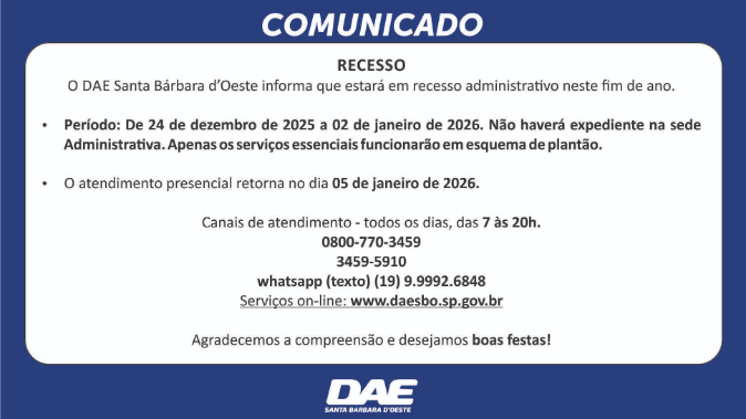 Foto: DAE mantém serviços essenciais no recesso de fim de ano - Sede Administrativa não abre