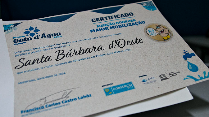 Foto: Santa Bárbara é certificada pelo projeto “Gota d’Água” em evento do Consórcio PCJ